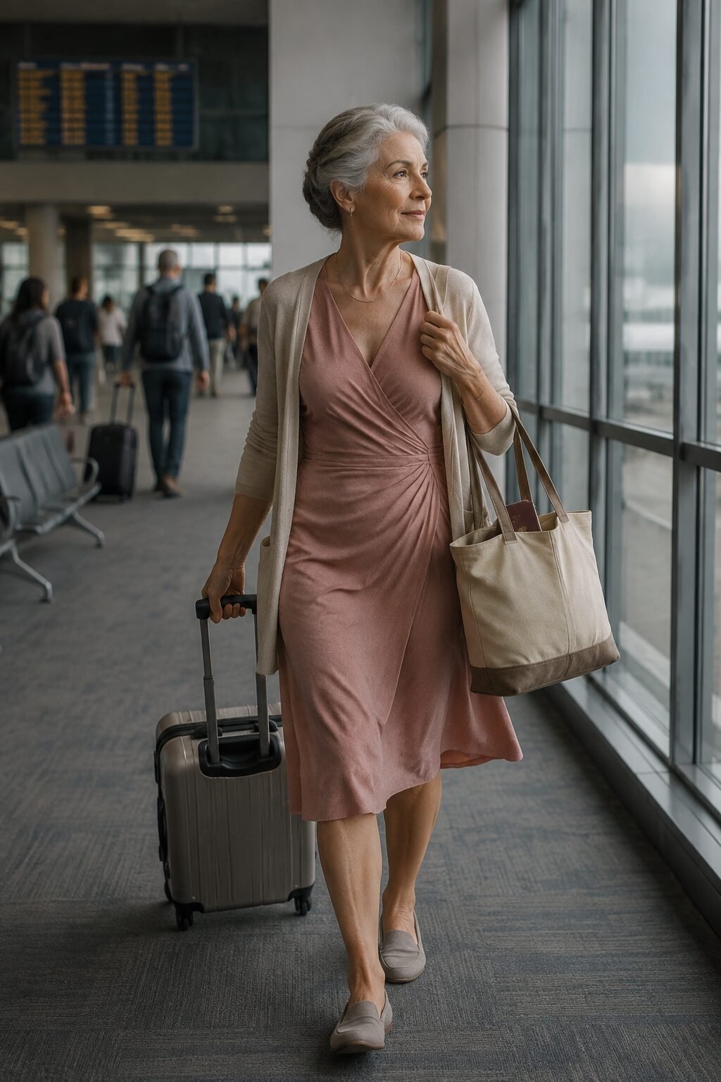 dusty rose wrinkle-resistant jersey wrap dress with packable oatmeal cardigan, comfortable summer travel outfit for women in their 70s