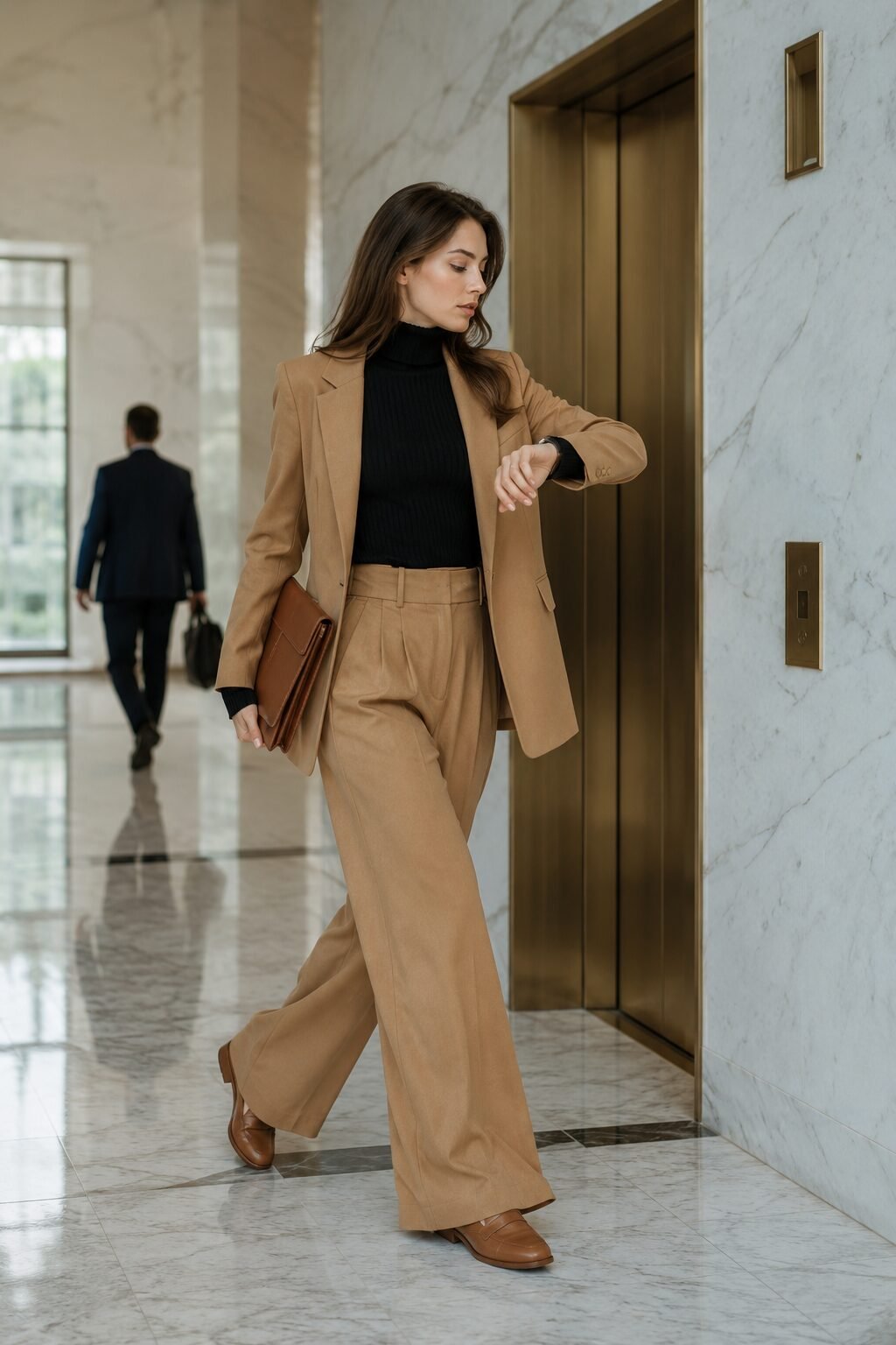 how to style a black turtleneck with wide-leg camel trousers and a blazer for the office