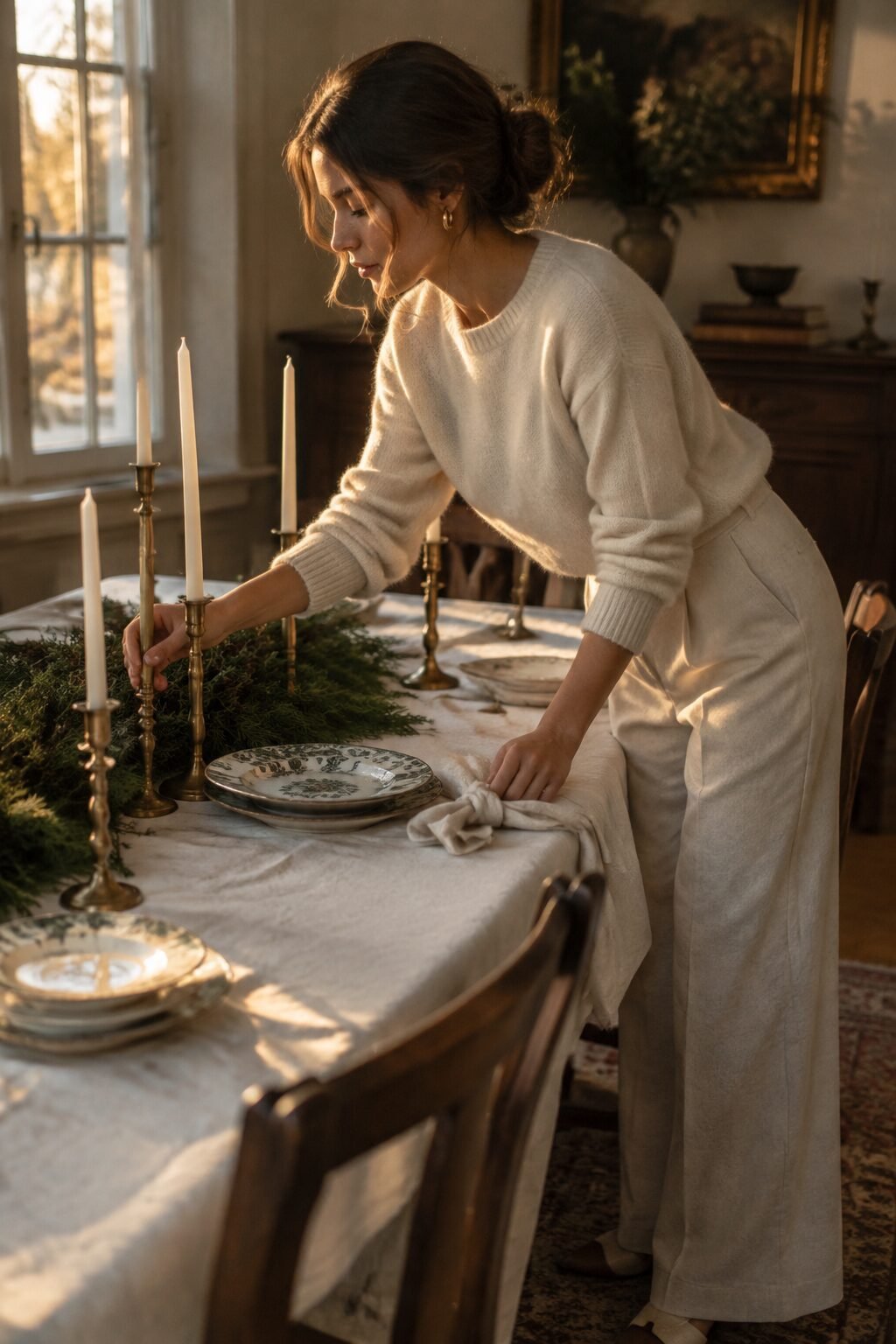 elegant holiday table set simply with a white linen tablecloth and antique brass taper candlesticks