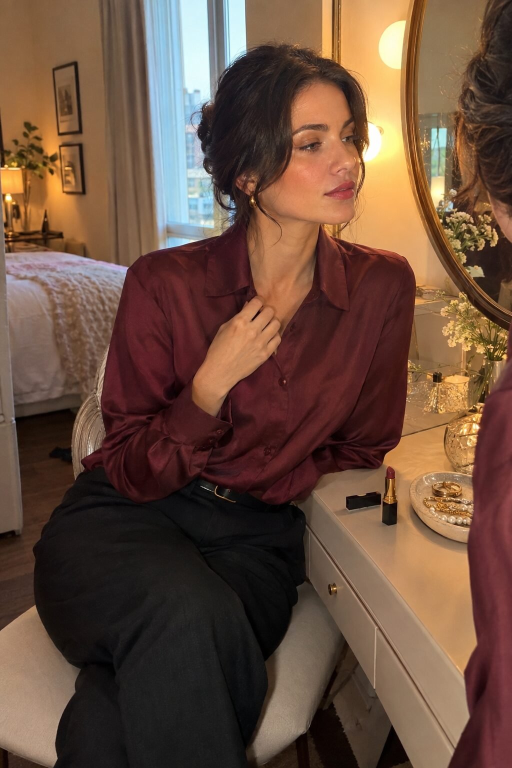 Woman in a wine-red silk blouse getting ready in a mirror before a holiday party