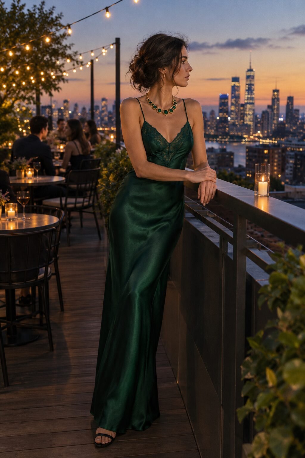 old money date night outfit: emerald green silk slip dress with a malachite statement collar necklace