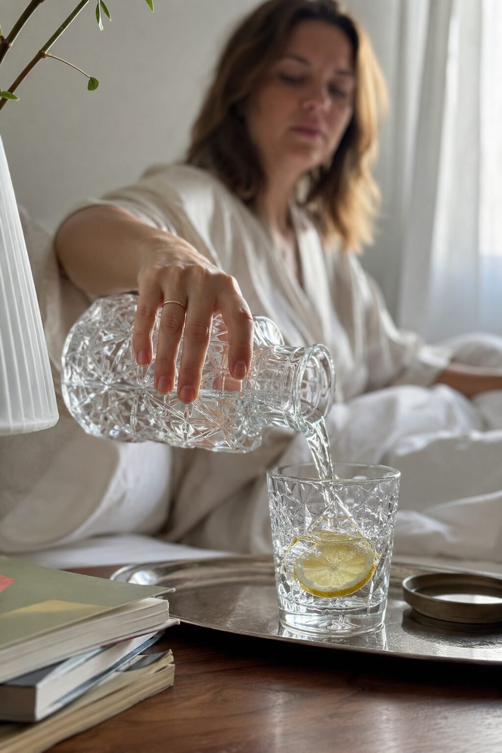 Pouring water from a glass carafe into a tumbler with lemon