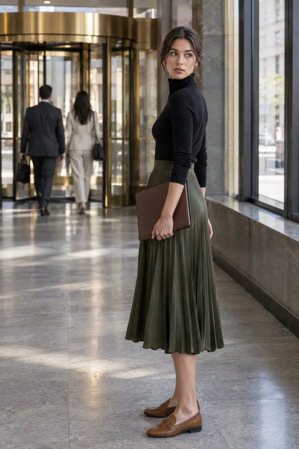 elevated fall office outfit: olive pleated midi skirt with black cashmere turtleneck and tan loafers