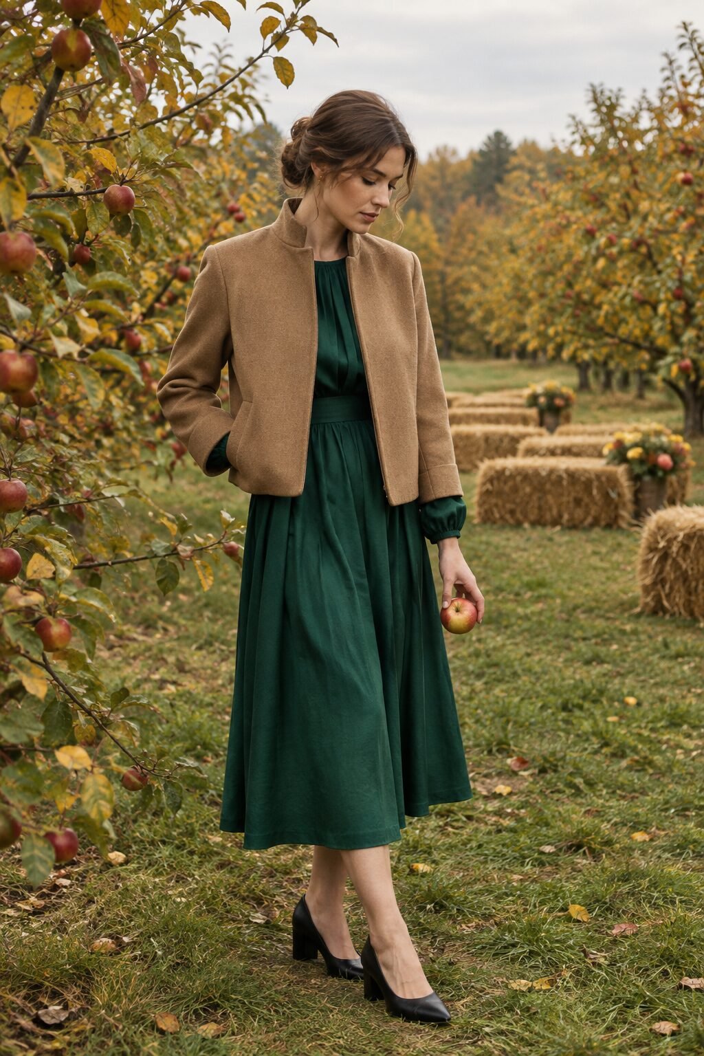 fall wedding guest outfit: emerald puff-sleeve midi dress with camel wool blazer