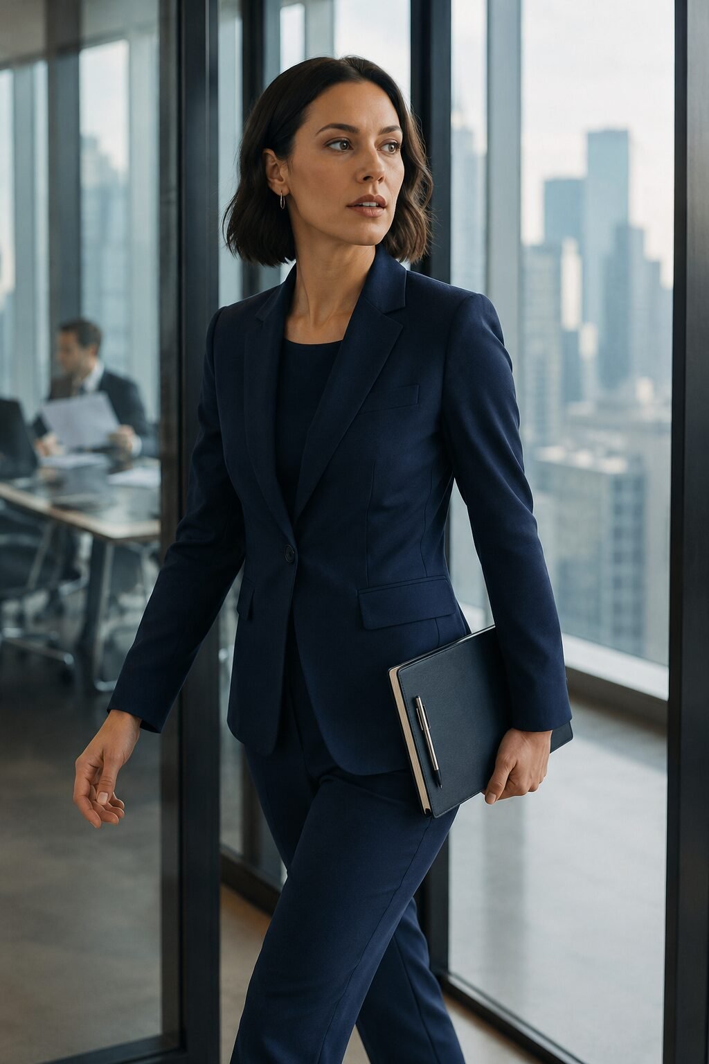 wrinkle-free office outfit: matching navy technical crepe trouser suit