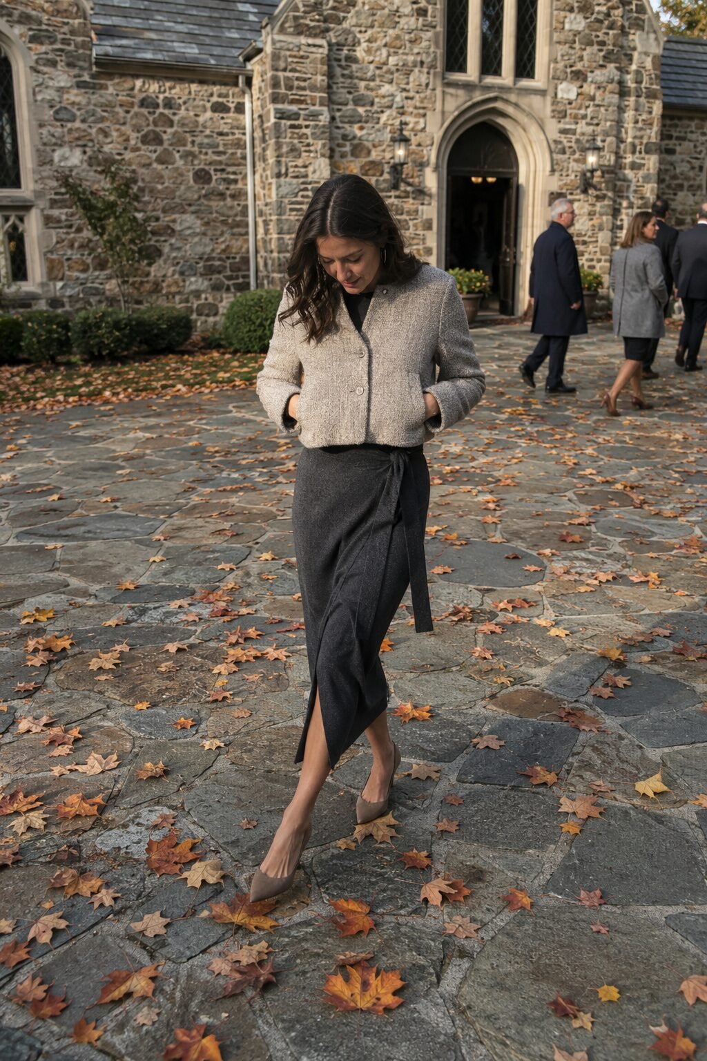 how to style a wrap dress with a cropped tweed jacket: charcoal wrap dress and oatmeal tweed jacket for a cooler-weather fall wedding
