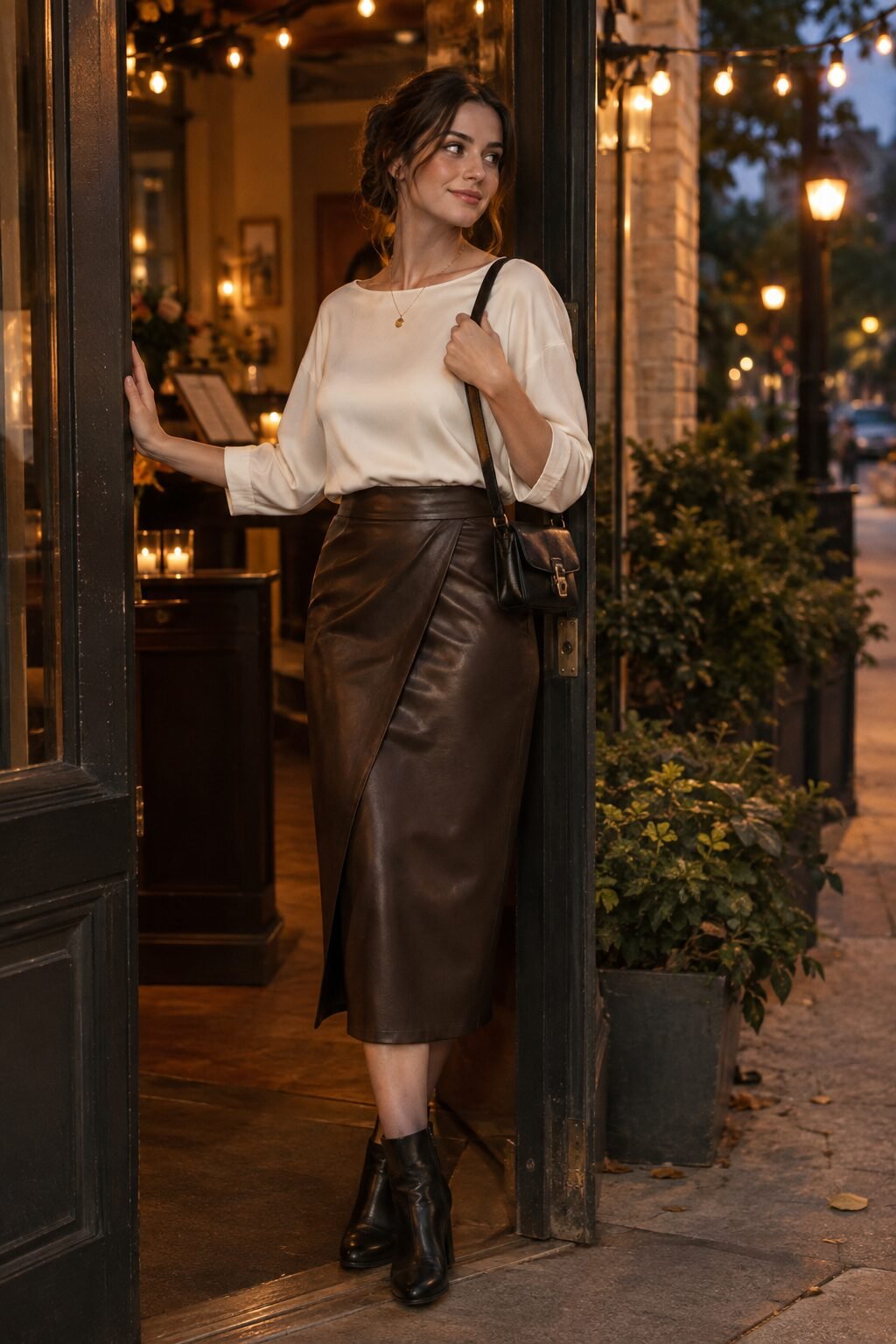 evening capsule wardrobe outfit: white silk blouse with chocolate faux leather wrap skirt and black leather boots and bag