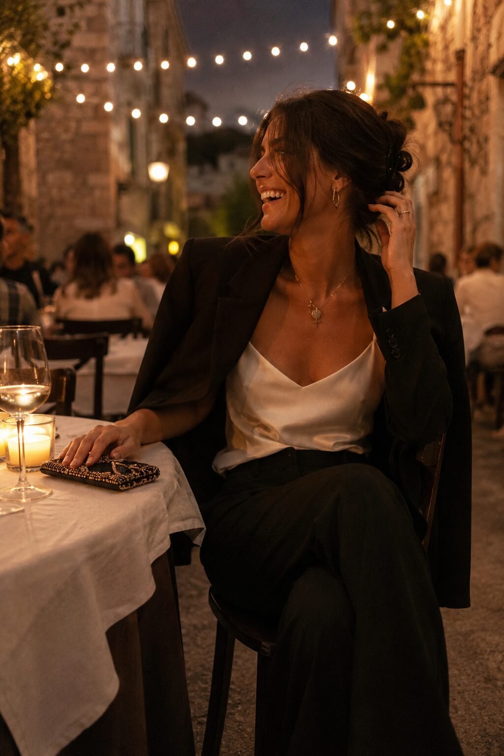 elegant weekend away outfit for dinner: black wide-leg trousers, ivory silk camisole, and blazer