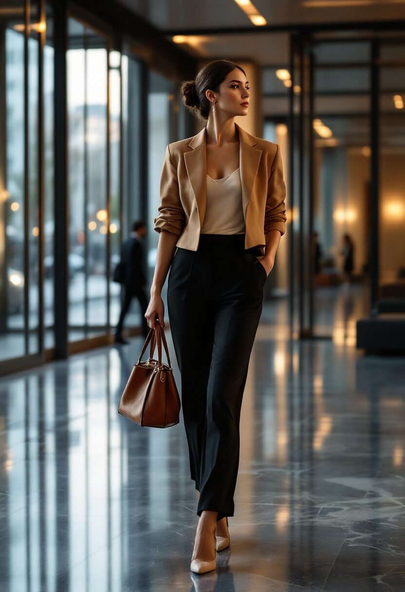 well-tailored camel wool blazer for an elegant holiday party outfit, fitted silhouette