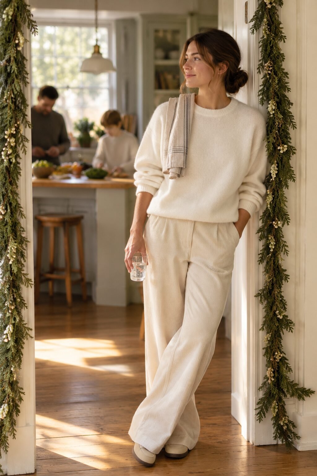 elegant christmas day outfit: ivory cashmere crewneck sweater with cream corduroy wide-leg trousers
