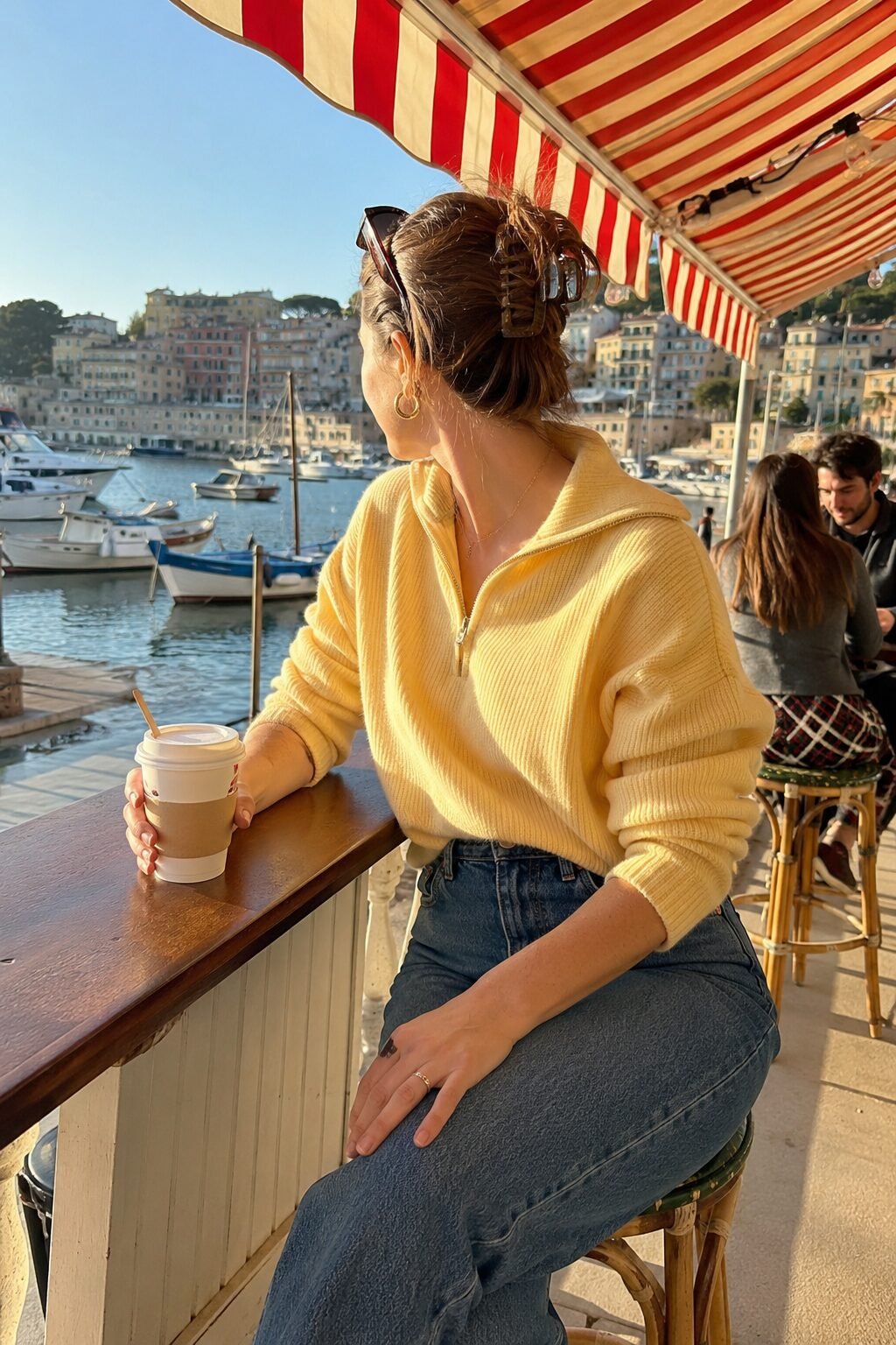 effortless errand outfit: butter yellow half-zip sweater tucked into indigo straight-leg jeans