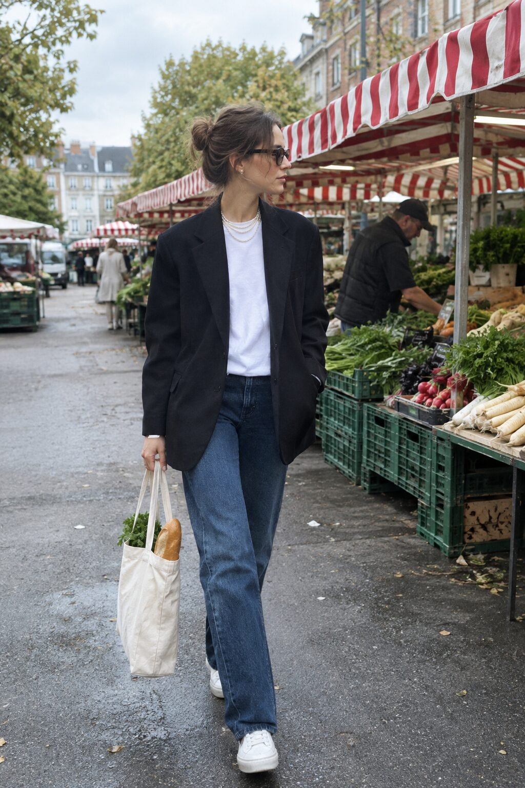old money pearl outfit for weekend errands: layered pearl necklaces with an oversized black blazer, white tee, and straight-leg jeans