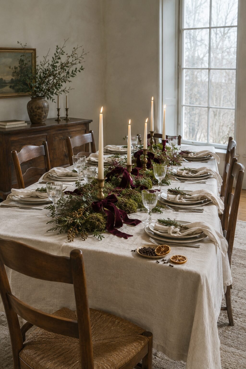 elegant holiday table decor in a muted cream, moss, and burgundy color palette