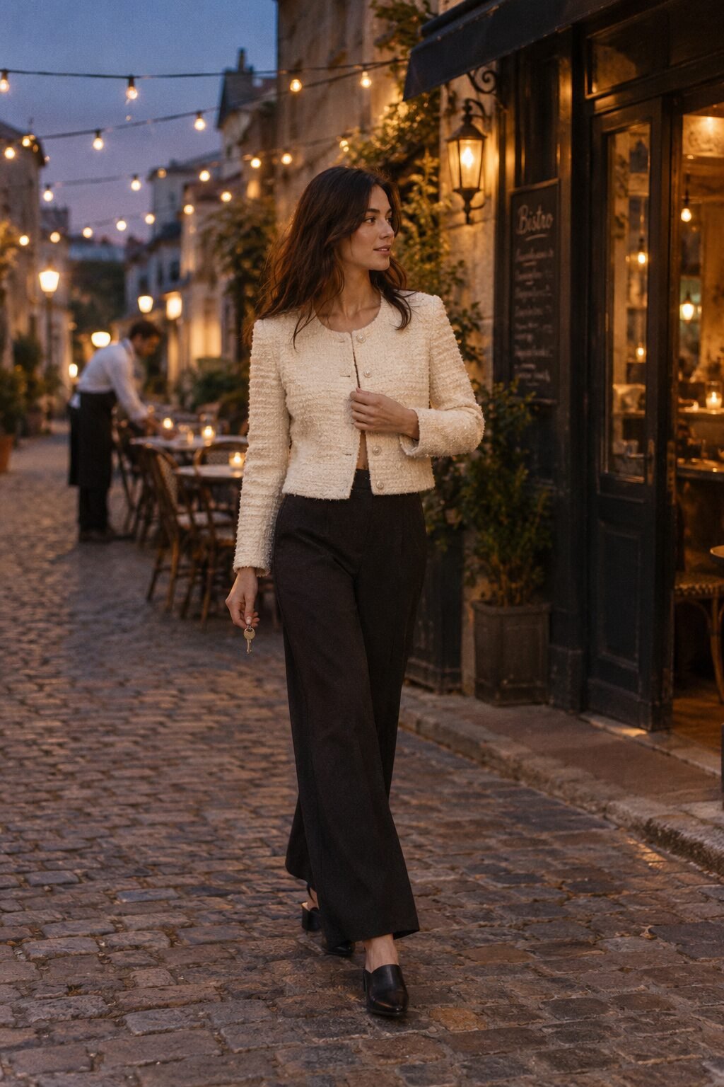 investment 2027 fashion trend: cream bouclé cropped jacket over black silky wide-leg trouser and block-heel mules