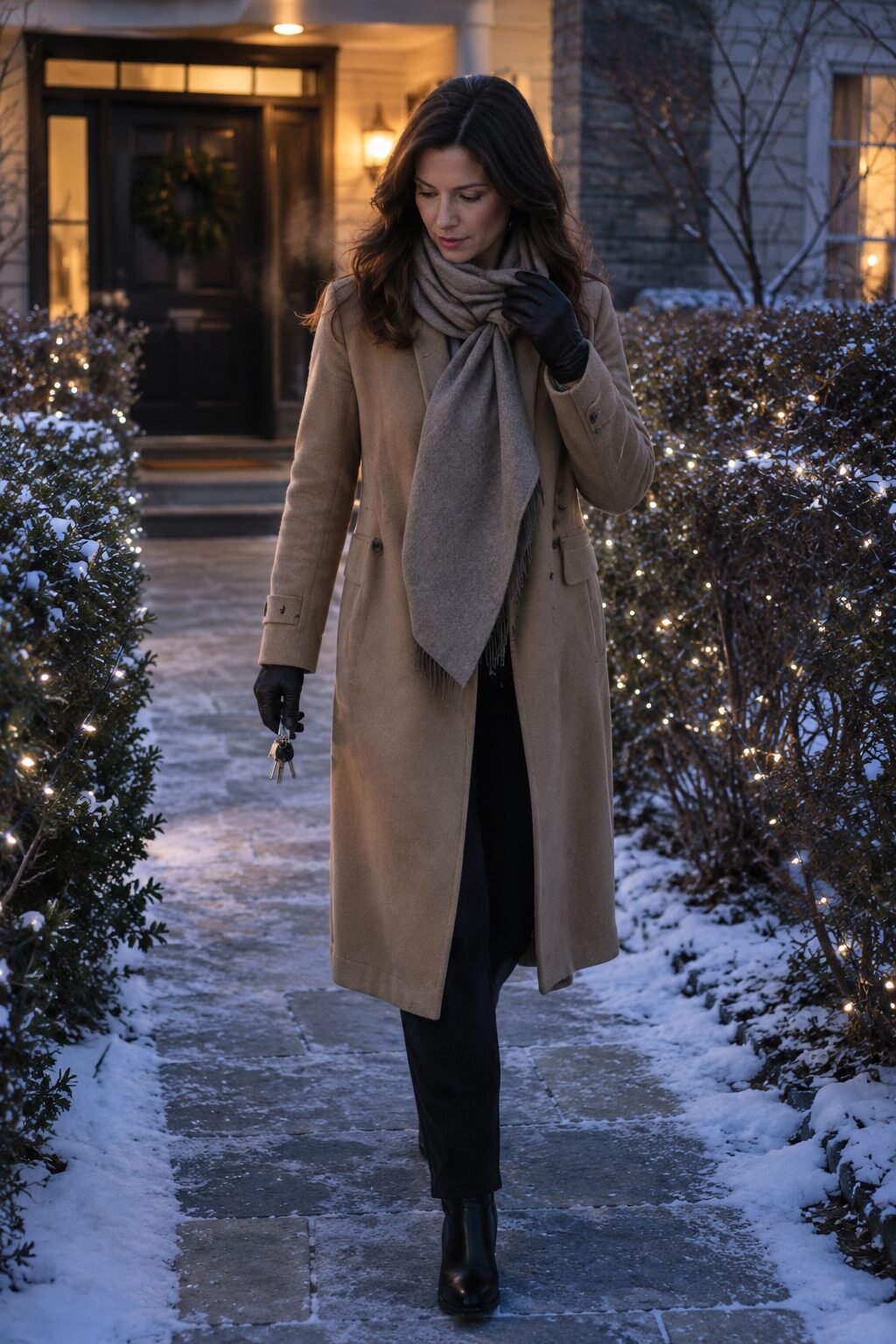 Woman wearing a cashmere scarf draped at the neck over a coat