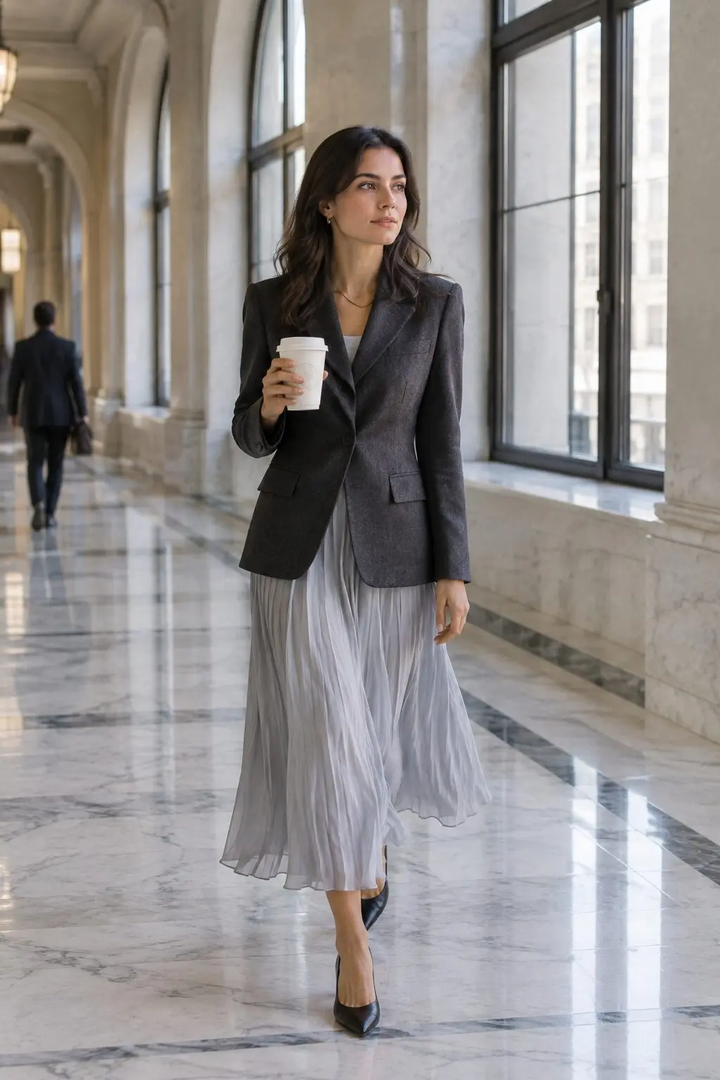 charcoal and grey fall office outfit: charcoal wool blazer over a dove grey pleated midi skirt