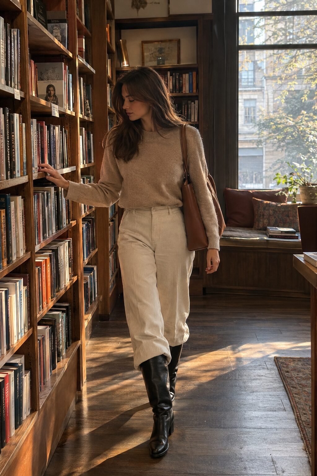 old money style essentials outfit: cream cashmere sweater, corduroy wide-leg trousers, black knee-high boots, cognac tote