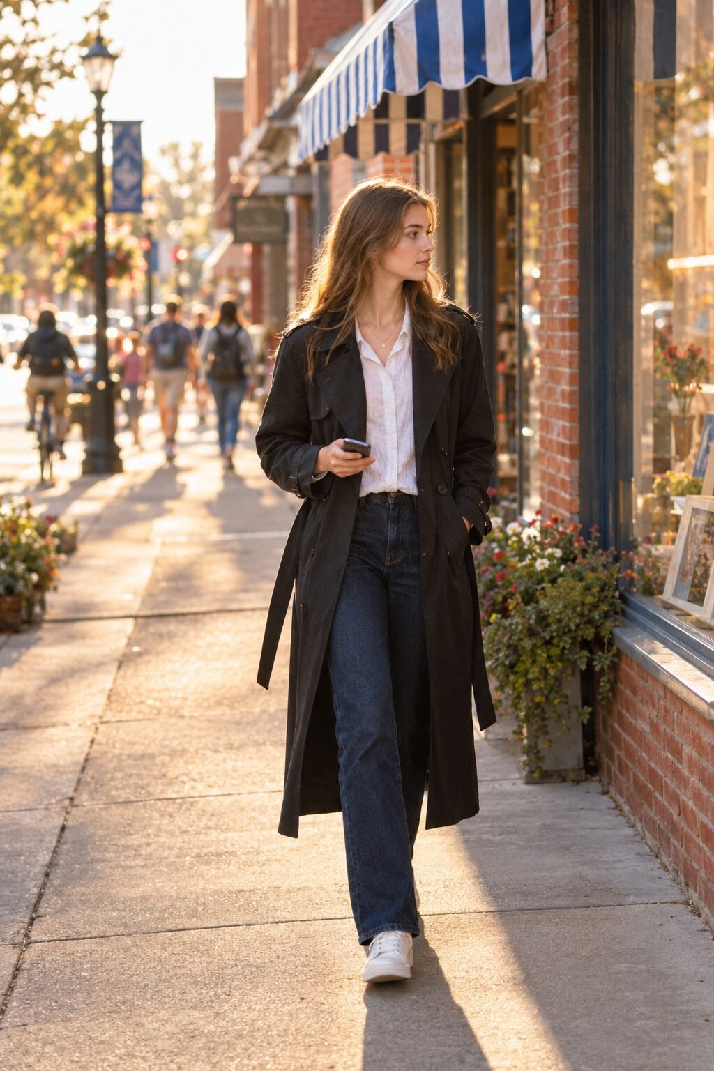 college capsule wardrobe outfit: black trench coat over a white shirt, dark indigo jeans, and white leather sneakers
