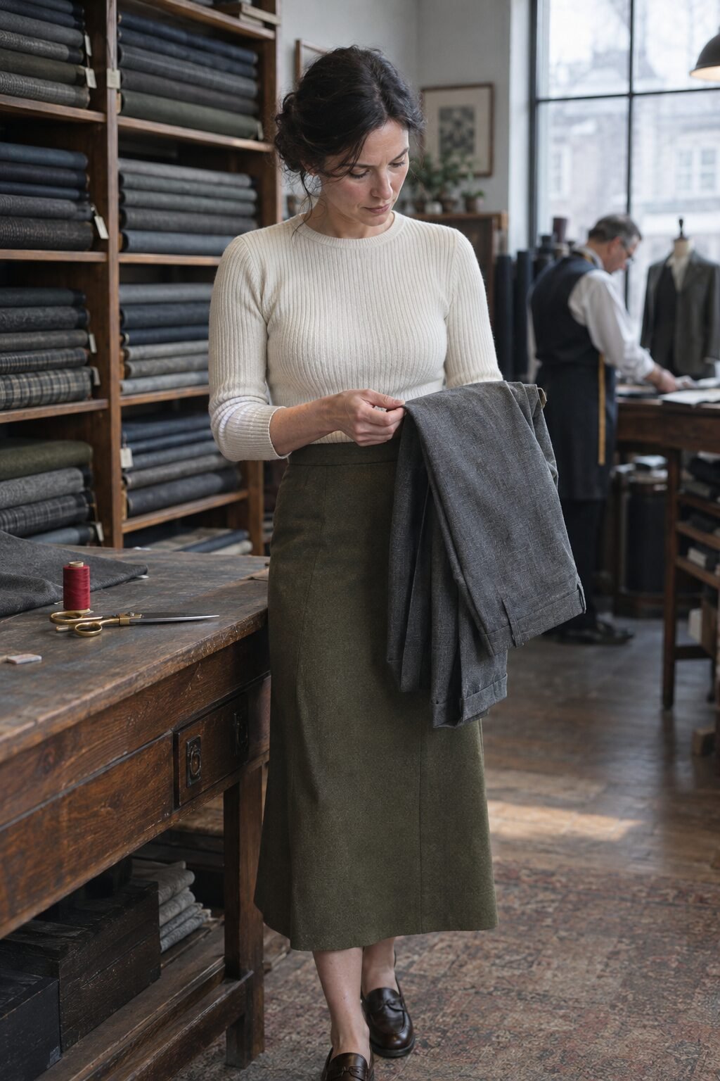 close view of a woman inspecting the tight weave of a wool trouser fabric in natural daylight