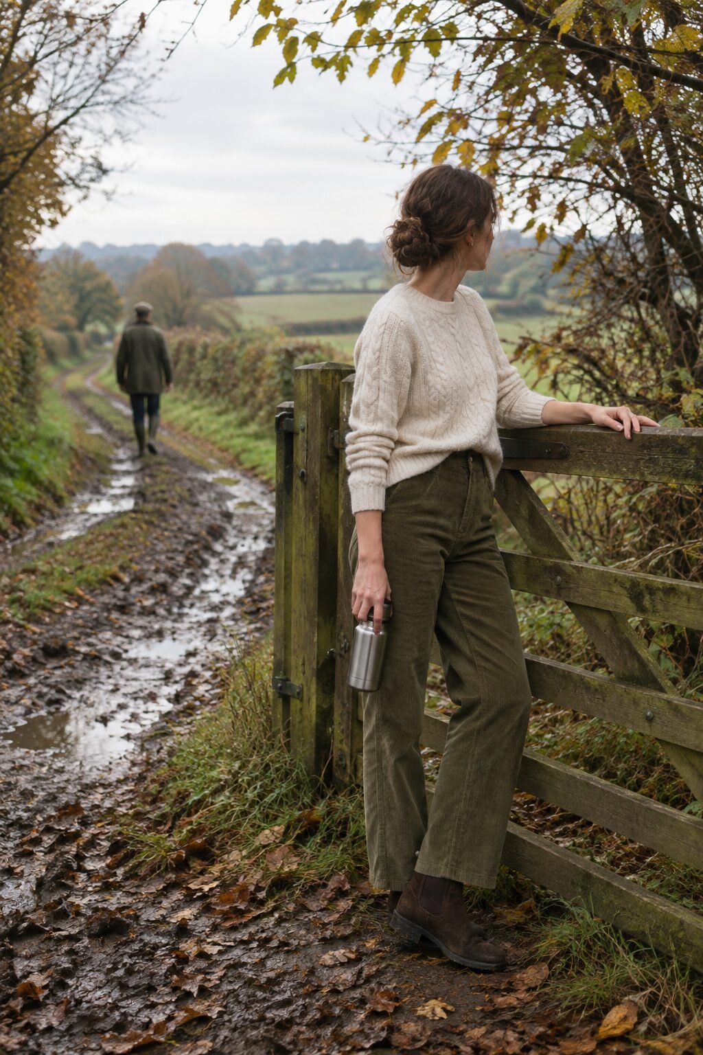 old money outfit for a countryside walk: cream cable merino sweater, olive corduroy pants and dark suede ankle boots