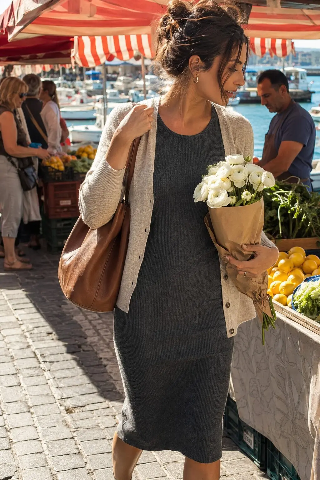 capsule wardrobe for work outfit: charcoal knit dress with an oatmeal cardigan and saddle leather tote bag