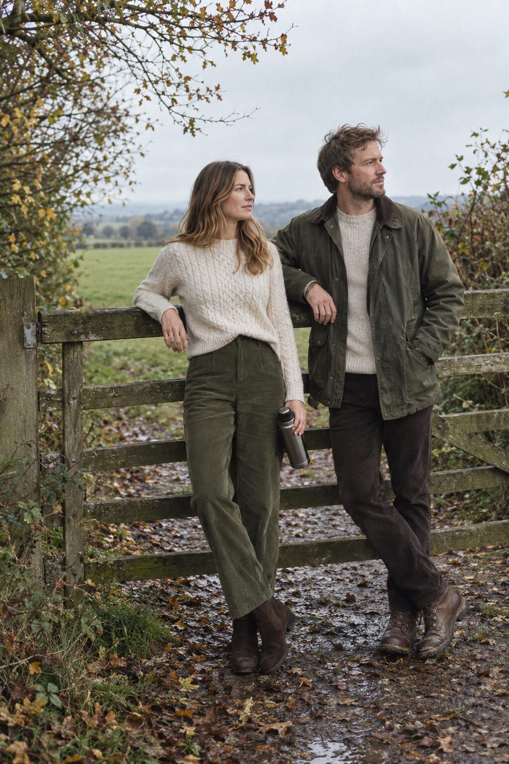 old money couple outfit for a countryside walk: cream cable merino sweater, olive corduroy pants and dark suede ankle boots