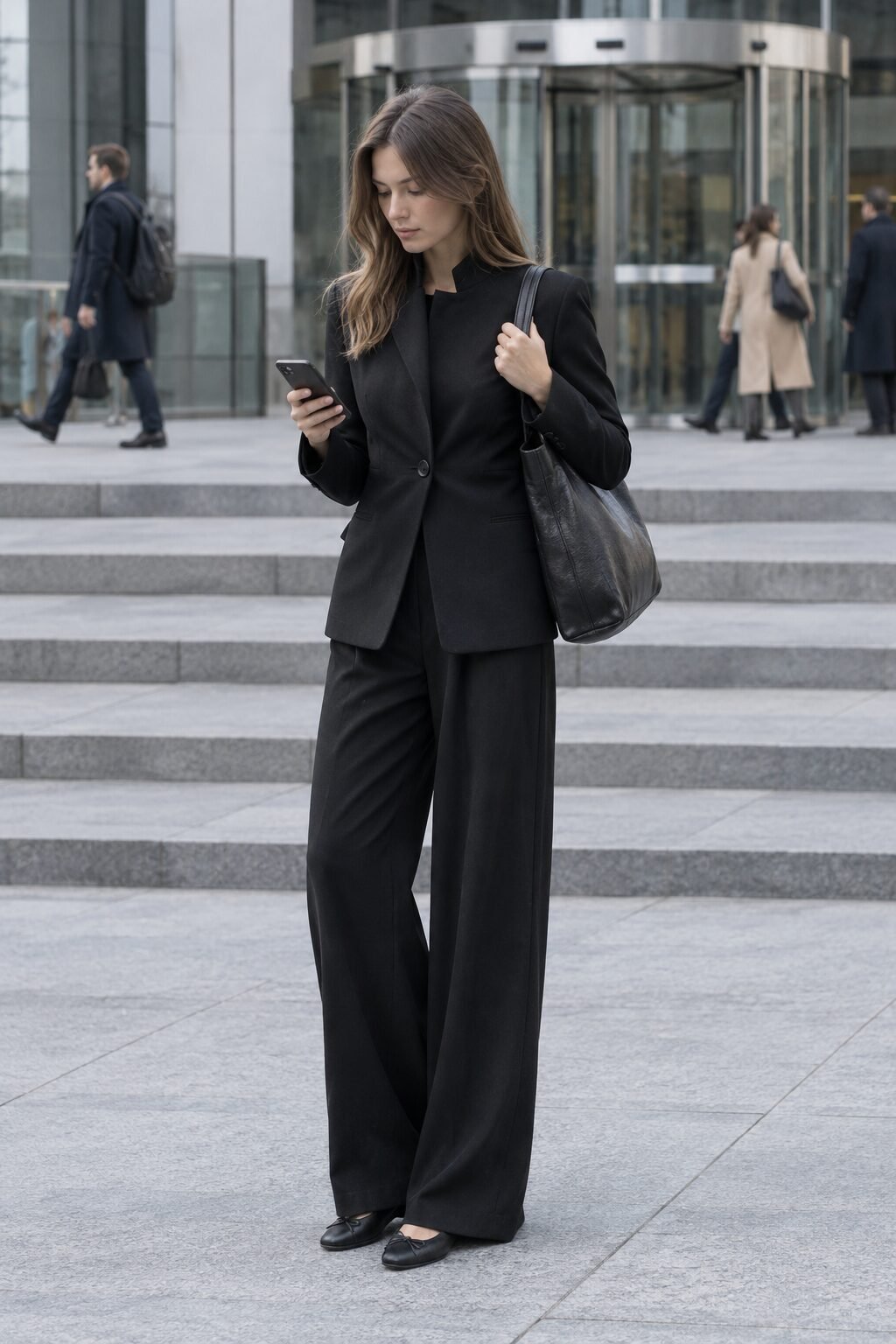how to style wide-leg trousers with a tailored black stand collar blazer and black ballet flats for the office