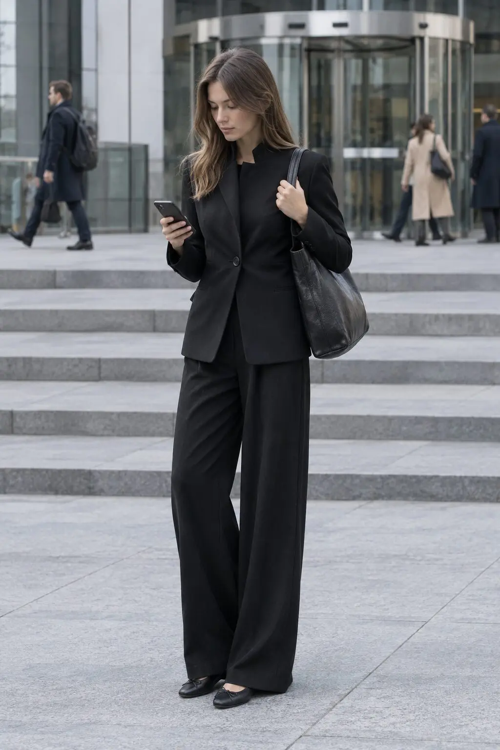 how to style wide-leg trousers with a tailored black stand collar blazer and black ballet flats for the office