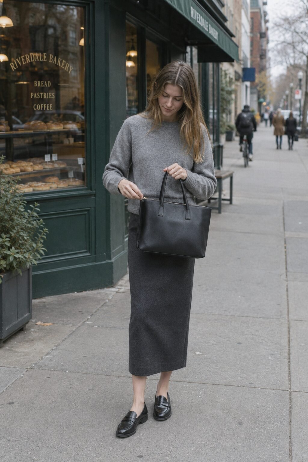 woman testing the zipper pull on a black leather zip-top tote, timeless handbag hardware check
