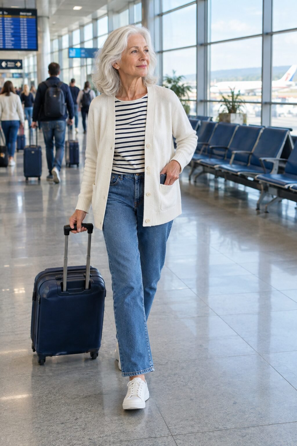 easy travel outfit from a capsule wardrobe for women in their 70s: mid-wash jeans, striped boatneck top, ivory cardigan and white leather sneakers