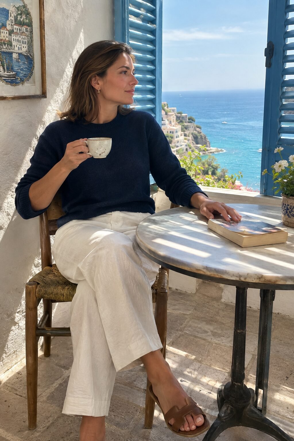 woman in a navy cashmere crewneck sweater sitting at a sunlit window