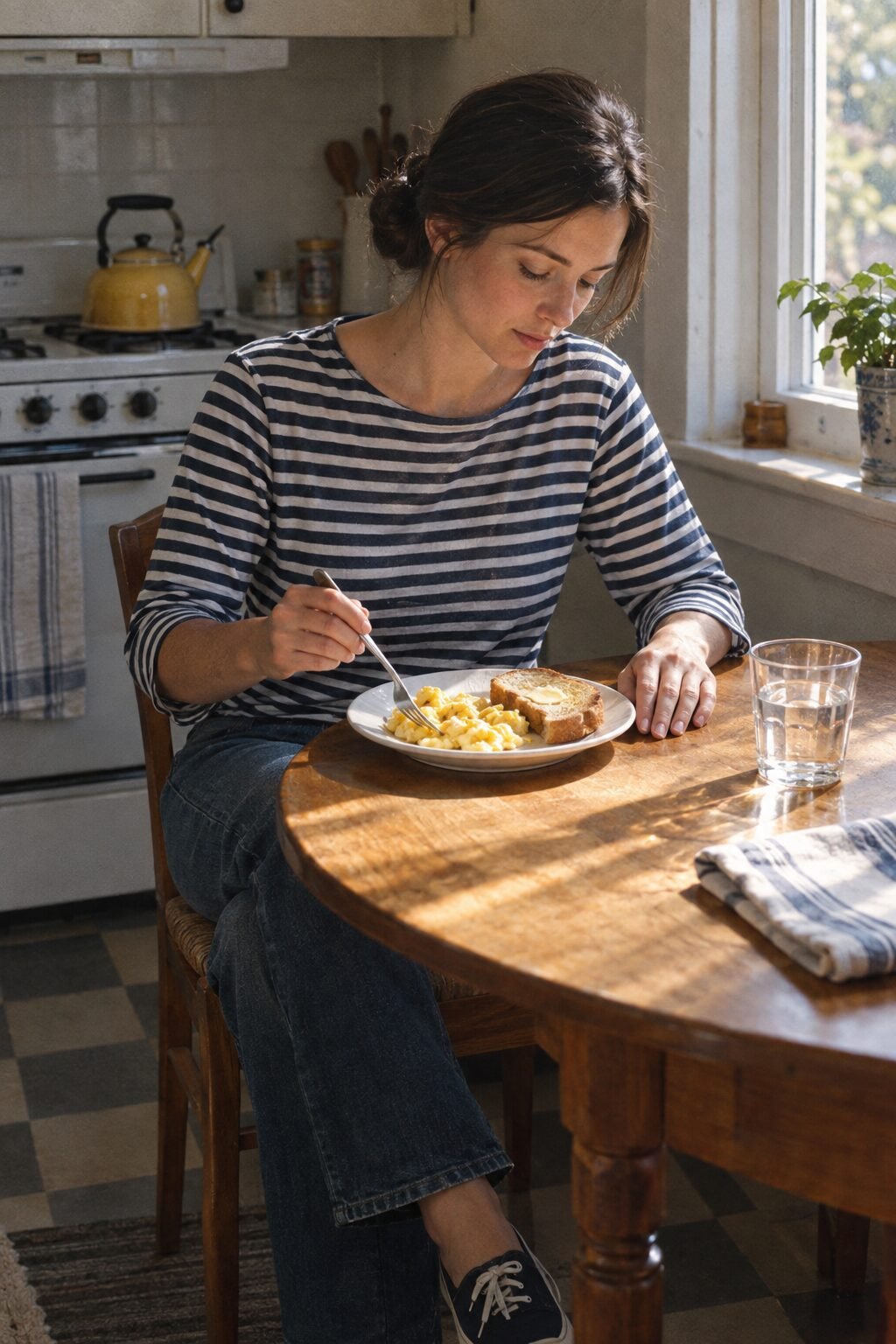 A woman sitting at a small kitchen table eating eggs and toast from a plate in daylight