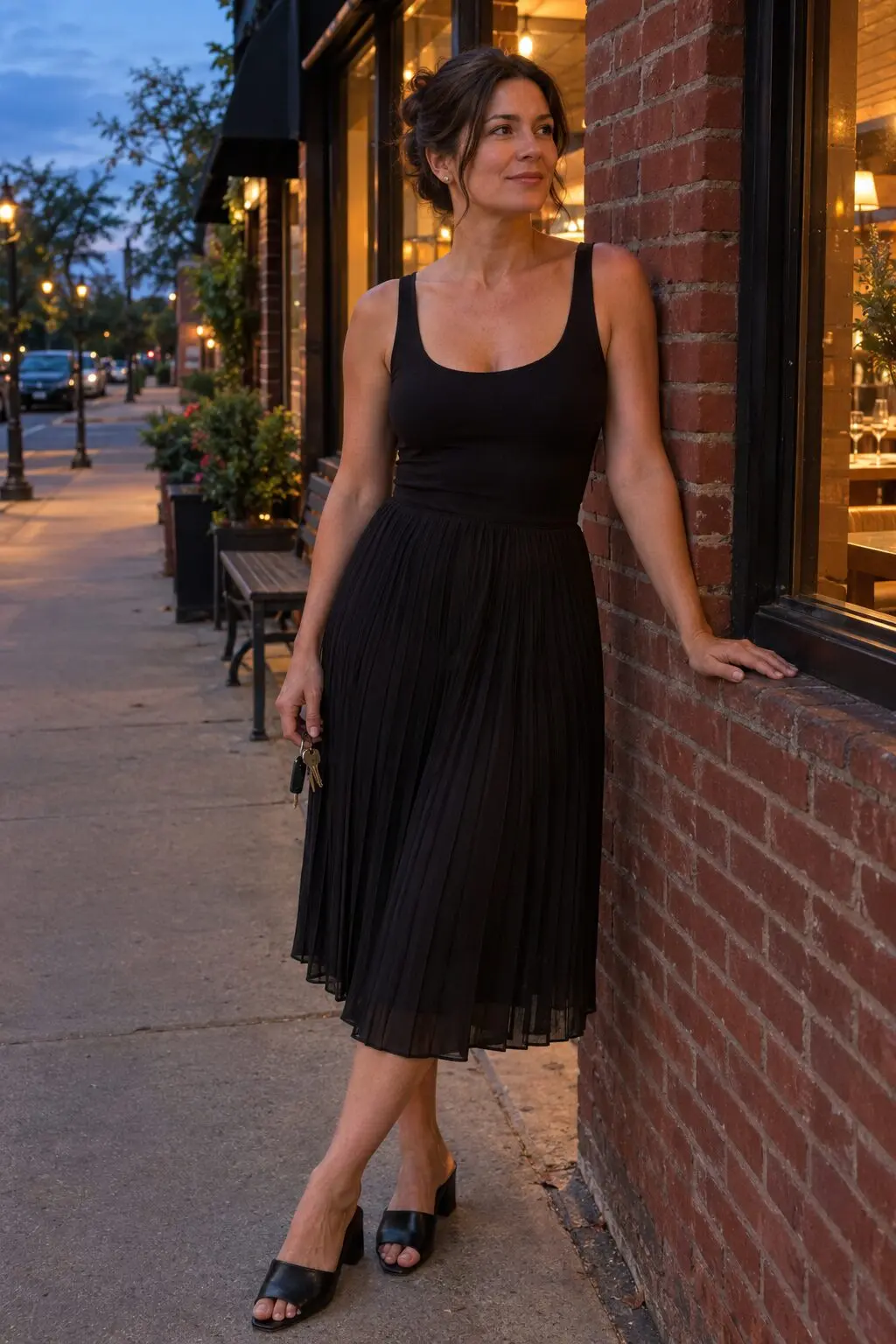 how to style a midi skirt for dinner: black seamless scoop bodysuit with a black pleated midi skirt and black leather mule heels