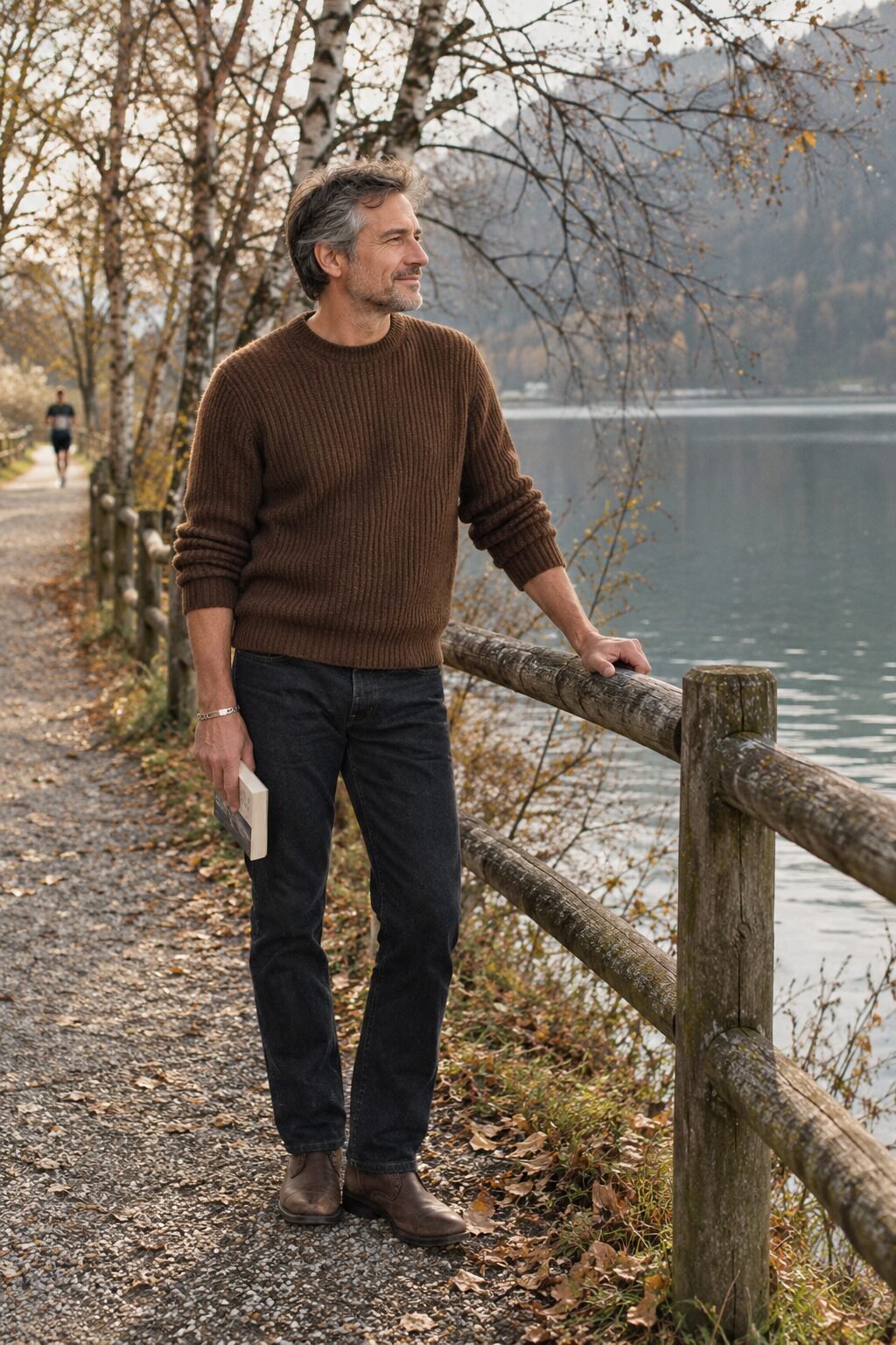 old money bracelet with a fisherman-knit sweater: silver ID bracelet at the wrist of a brown ribbed crewneck