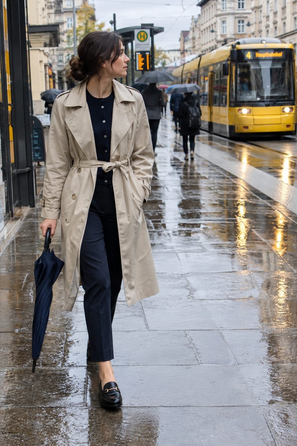 fall layering outfit: stone belted trench coat over a navy merino cardigan