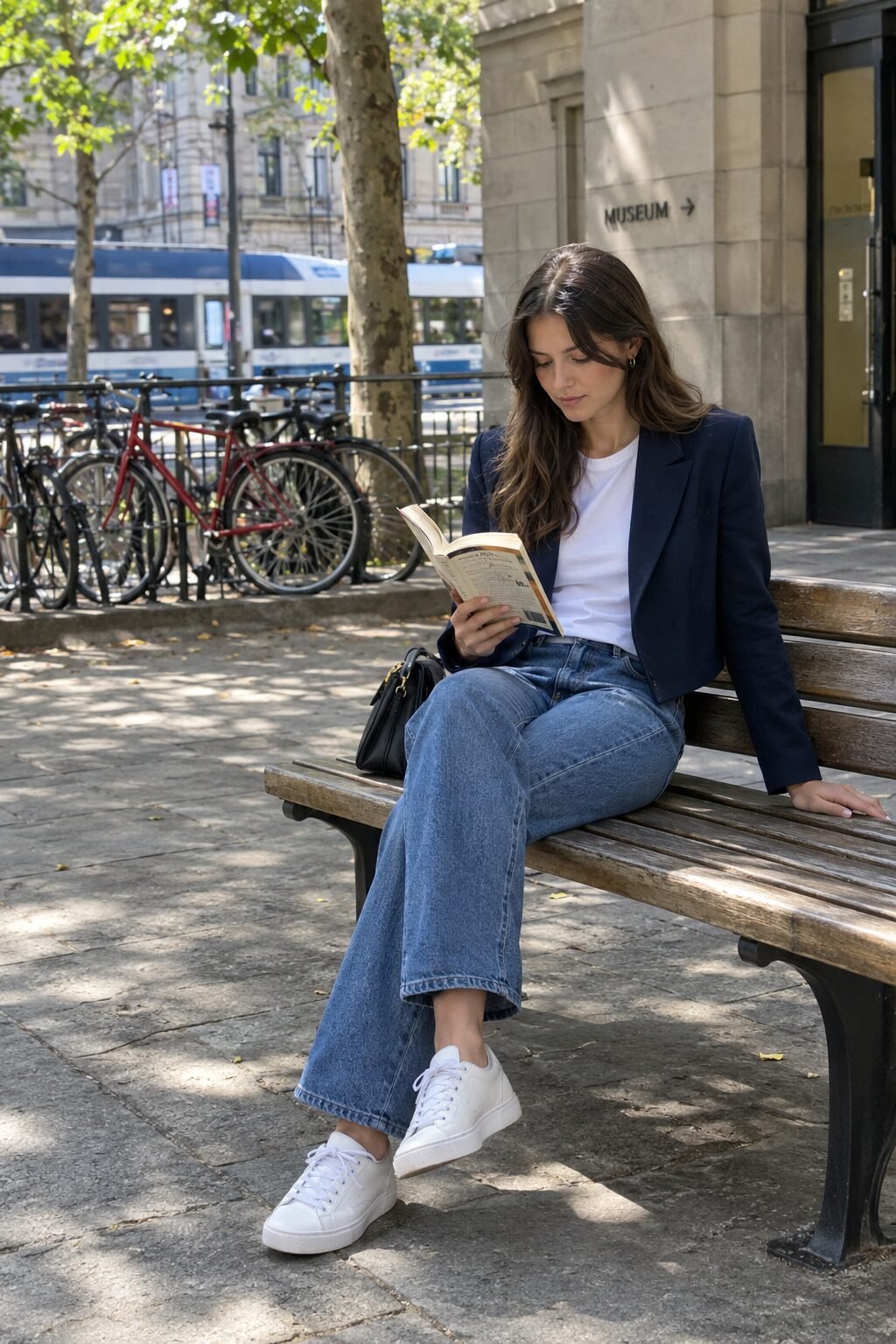 navy four-season stretch blazer over relaxed straight-leg mid-blue jeans, elegant travel outfit for train days and museums