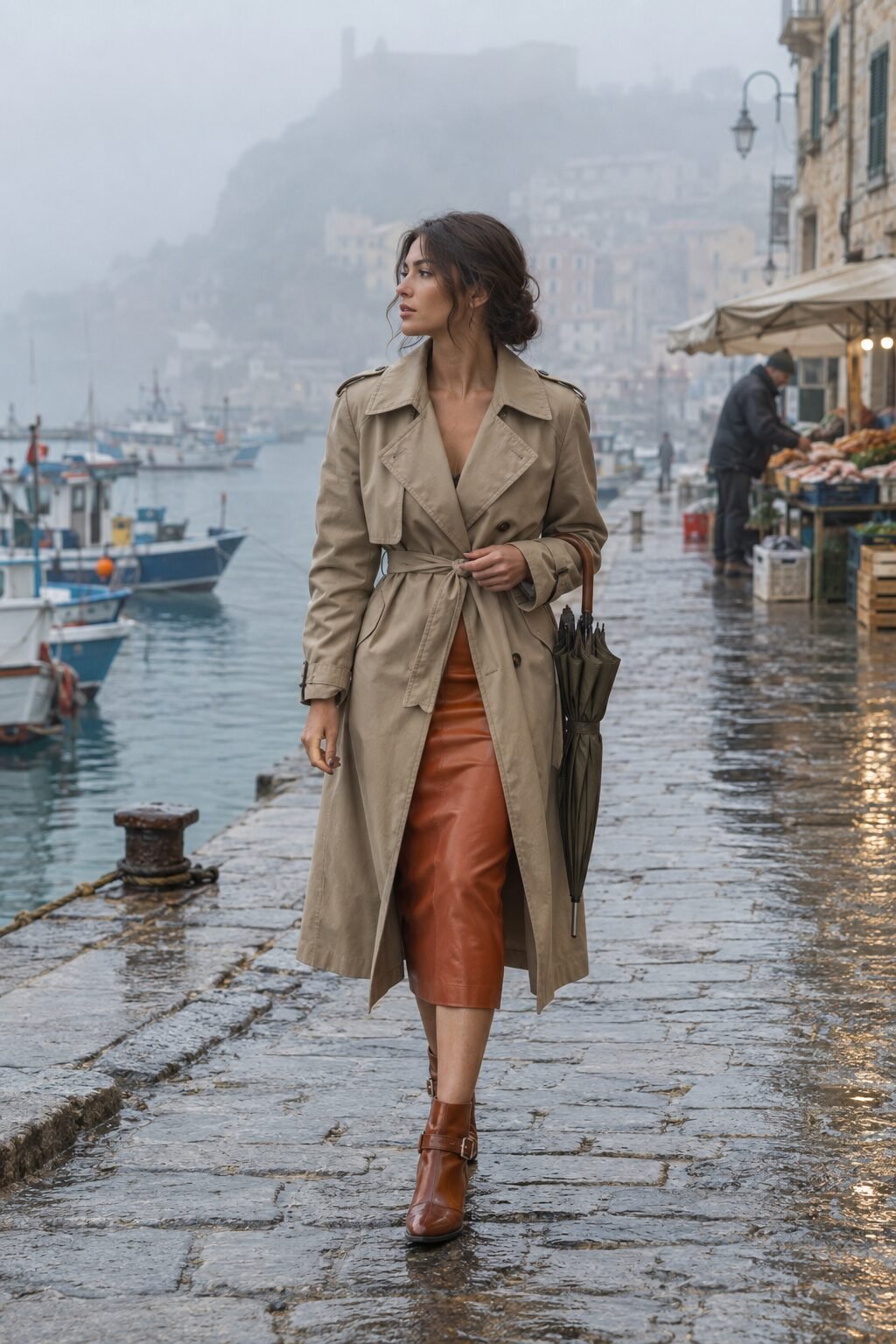 classy fall outfit with ankle boots: belted trench coat and rust leather skirt