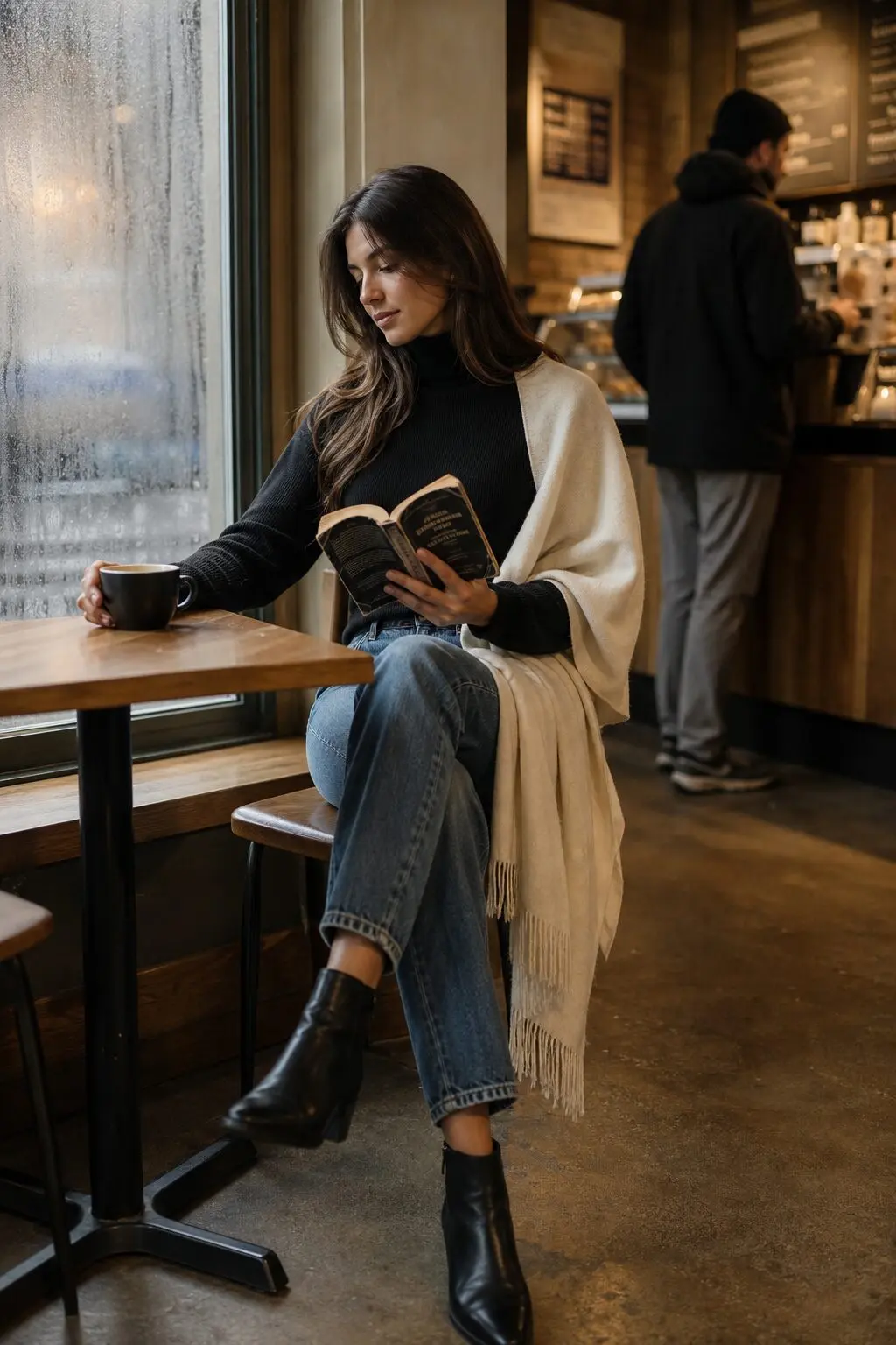 cashmere capsule wardrobe coffee date outfit: black cashmere turtleneck, straight-leg jeans, and an ivory cashmere wrap