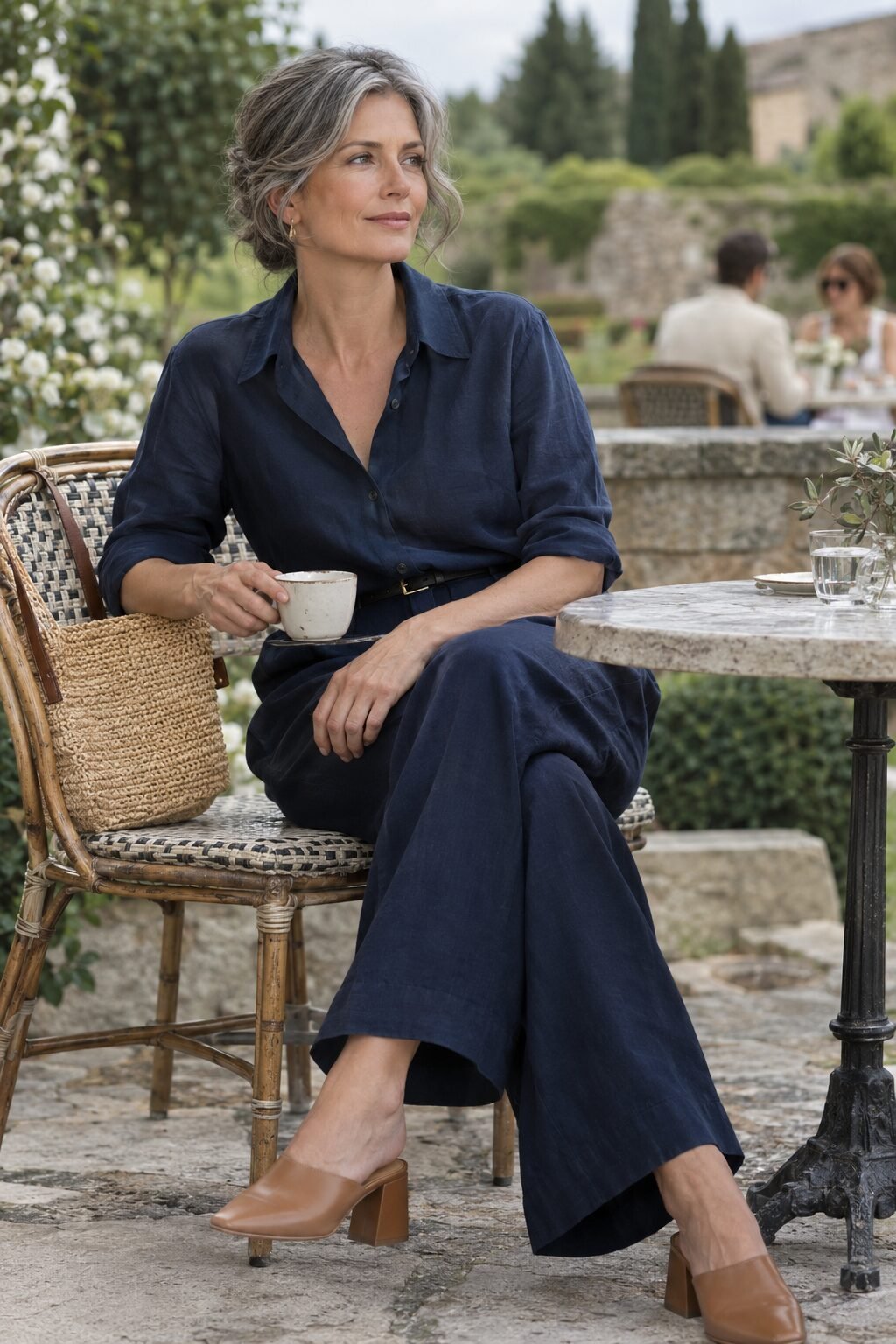 mother of the groom rehearsal brunch outfit: navy linen wide-leg trousers with a navy silk shirt, raffia tote, and block-heel mules