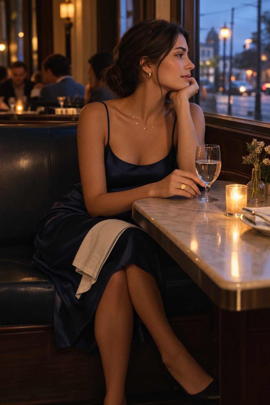 heirloom jewelry capsule evening dinner outfit: gold dot chain necklace, chunky hoop earrings and a signet ring layered together