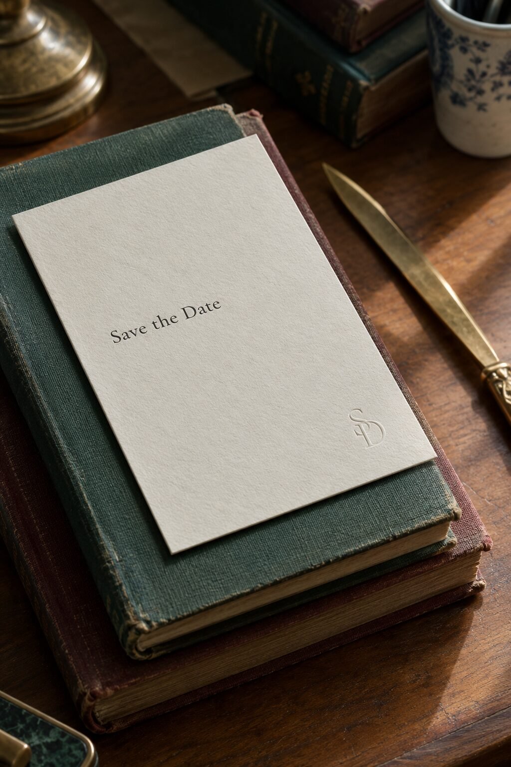 timeless wedding stationery with classic serif type and a small blind-embossed monogram in the corner