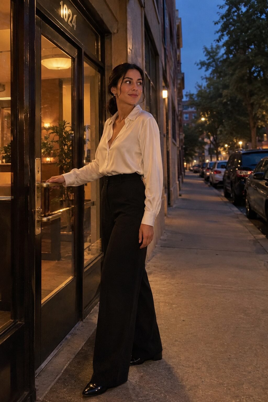 how to style wide-leg trousers with an ivory silk blouse tucked into black wide-leg trousers