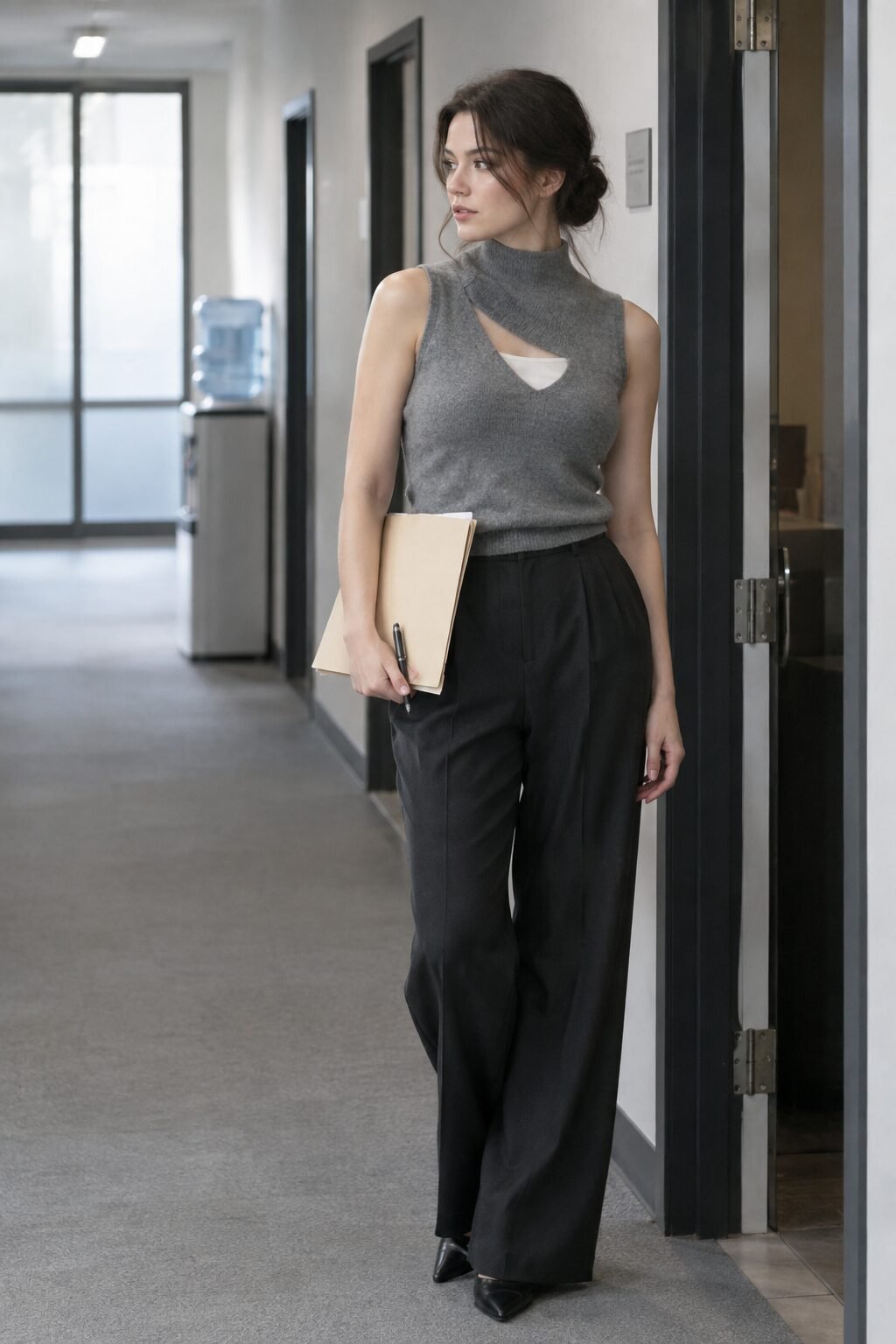 dark academia office outfit: grey cashmere sweater vest over a white silk camisole with black wide tailored trousers