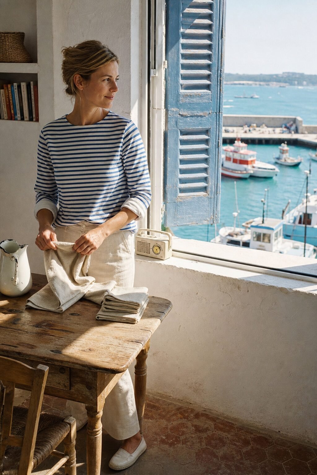 A woman in a striped shirt folding linen napkins by an open apartment window