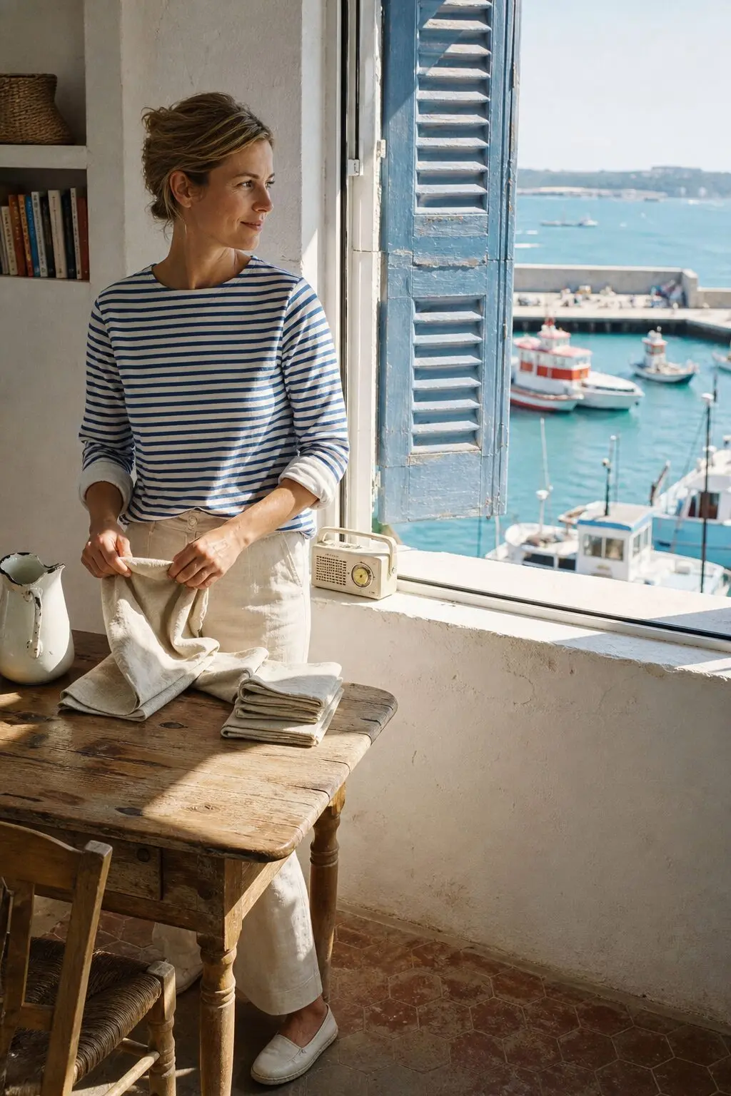 A woman in a striped shirt folding linen napkins by an open apartment window