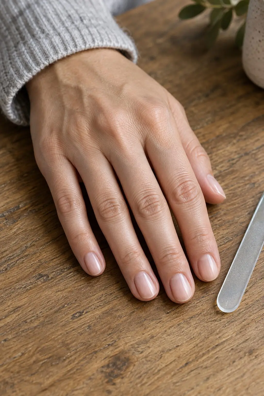 close-up of a relaxed hand with short bare oval nails on an oak table beside a glass nail file