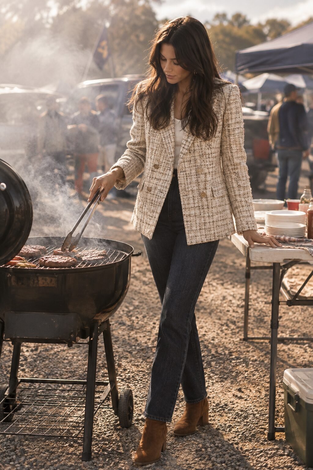 old money fall tailgate outfit: ecru tweed double-breasted blazer, dark straight denim, and suede ankle boots
