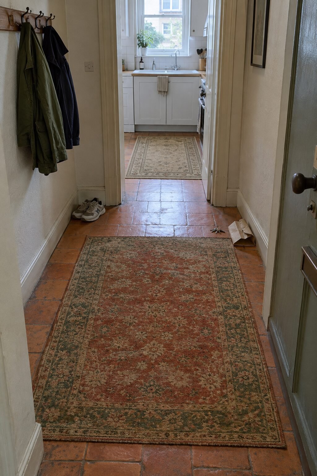 old money italian home decor hallway with a terracotta tile floor and a faded rust and olive vintage-style rug, a natural patterned rug in the kitchen beyond