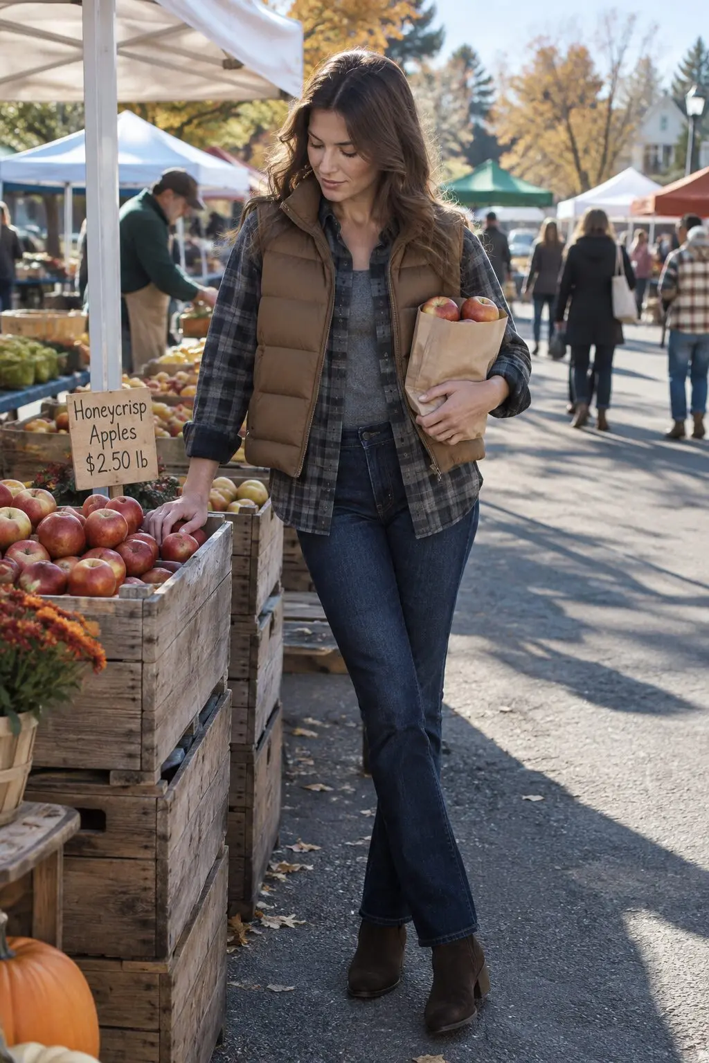 how to style a quilted vest with a flannel shirt: hazel brown quilted vest over a smoked gray flannel and suede ankle boots