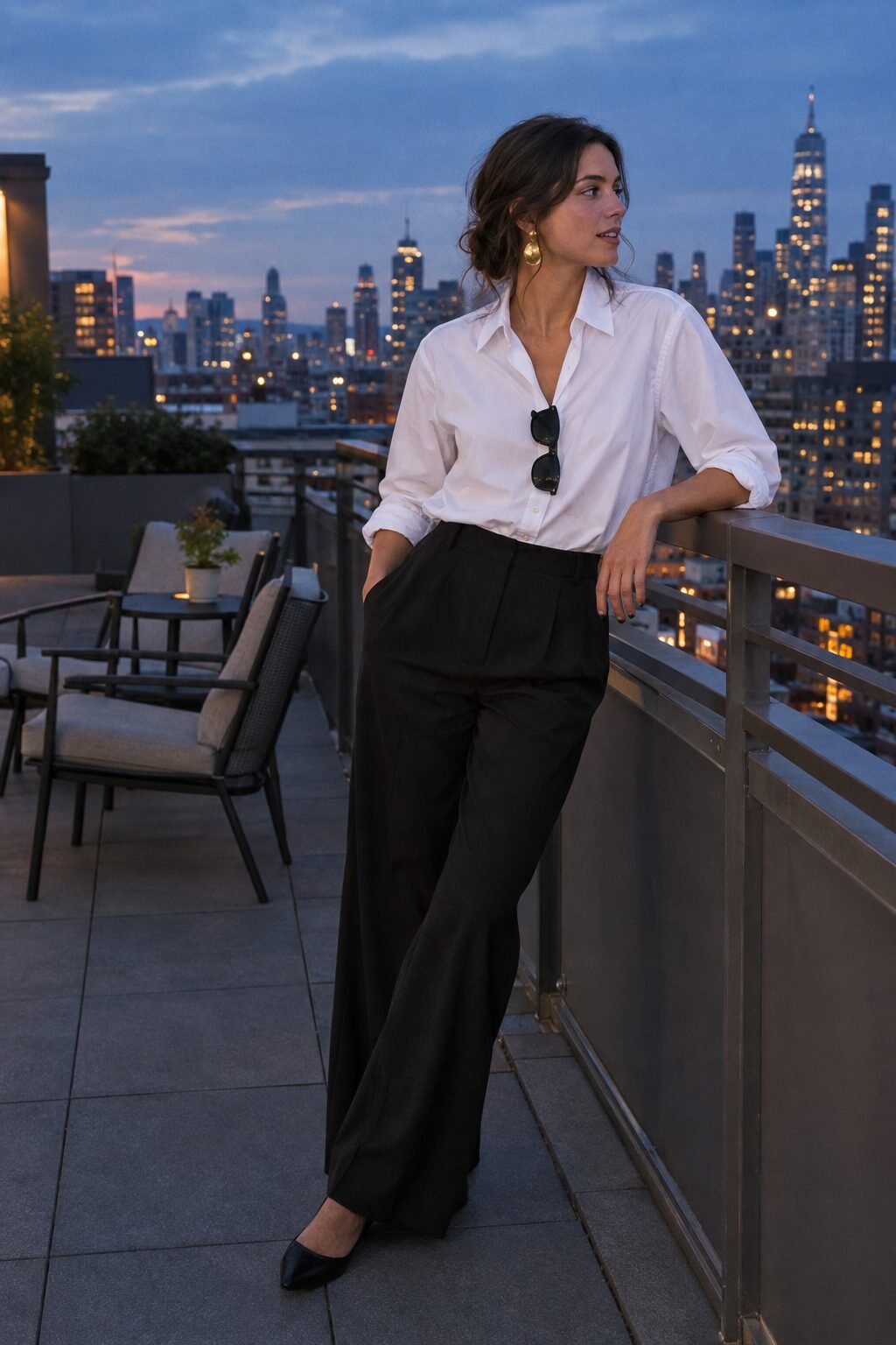 how to style a white button-down: white shirt French-tucked into black wide-leg trousers with gold statement earrings